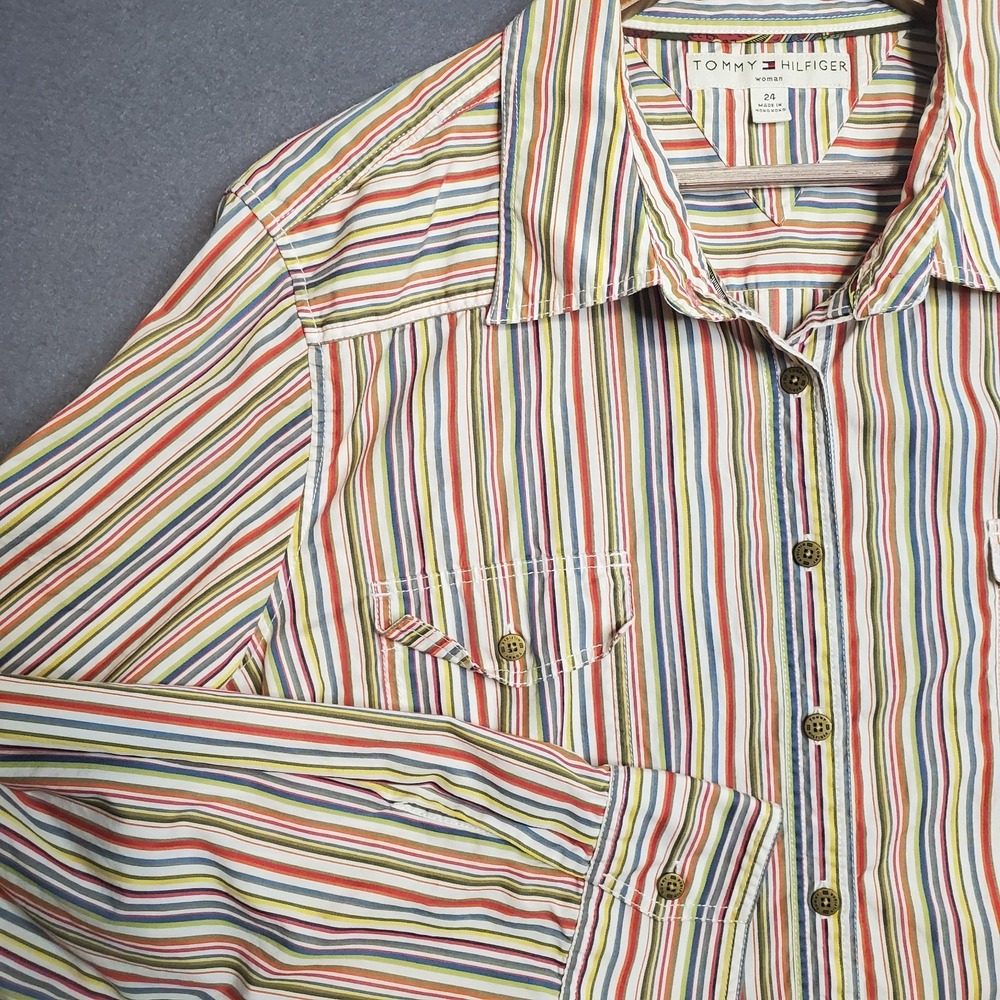 VTG‎ Tommy Hilfiger Y2K Long Sleeve Button Up Striped Cotton Shirt Plus Size 24
